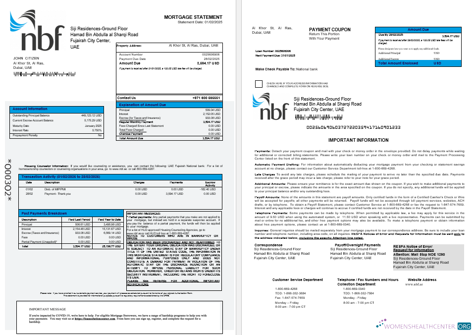 Download UAE Fujeirah National bank mortgage statement in Word and PDF formats 1 2 Photoshop template